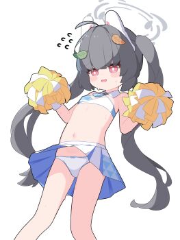 1girl absurdres animal_ears black_hair blue_archive cheerleader commentary_request halo highres leaf leaf_on_head loli long_hair millennium_cheerleader_outfit_(blue_archive) miyu_(blue_archive) navel panties pom_pom_(cheerleading) red_eyes shirousagi_(user_erwx7425) simple_background skirt solo twintails underwear variant_set white_background