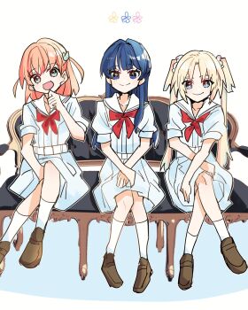 Rule 34 | 3girls, :d, blonde hair, blue dress, blue eyes, blue hair, brown shoes, closed mouth, collarbone, commentary request, couch, crossed legs, dress, flower, gradient hair, hair flower, hair ornament, half updo, hasu no sanrenka, hasu no sora school uniform, highres, hinoshita kaho, kanduki kamibukuro, link! like! love live!, loafers, looking at viewer, love live!, medium hair, multicolored hair, multiple girls, murano sayaka, neckerchief, on couch, open mouth, orange hair, osawa rurino, pink flower, puffy short sleeves, puffy sleeves, rabbit hair ornament, red neckerchief, sailor collar, sailor dress, school uniform, shoes, short sleeves, sitting, smile, socks, split mouth, summer uniform, twintails, two side up, virtual youtuber, white sailor collar, white socks