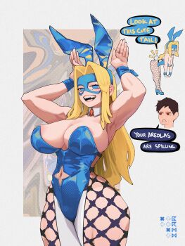 1boy 1girl absurdres alternate_costume animal_ear_hairband animal_ears areola_slip armpits arms_up artist_logo backless_leotard bent_over blonde_blazer blue_hairband blue_leotard blue_mask blue_shoes blue_wrist_cuffs border breasts brown_eyes closed_eyes clothing_cutout collarbone cowboy_shot detached_collar detached_sleeves disembodied_head dispatch doodle_inset english_text eye_mask fake_animal_ears fangs fishnet_pantyhose fishnets full_body grmm groin hair_intakes hairband halftone halftone_background high_heels highres large_breasts leotard lips logo long_hair mask multiple_views muscular muscular_female navel no_pupils open_mouth outside_border pantyhose playboy_bunny rabbit_ear_hairband rabbit_ears rabbit_pose rabbit_tail robert_robertson screentones shoes short_hair smile speech_bubble standing star_cutout thighs upper_body white_border wrist_cuffs