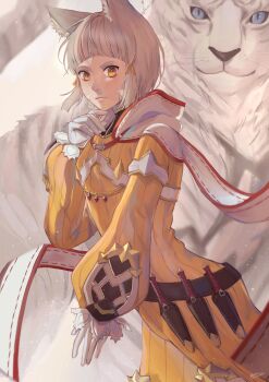 Rule 34 | 1girl, absurdres, animal ears, blue eyes, cat ears, commentary, dagger, dromarch (xenoblade), english commentary, gloves, highres, knife, looking at viewer, nasssary, nia (xenoblade), pants, shirt, tiger, weapon, whiskers, white fur, white gloves, white hair, xenoblade chronicles (series), xenoblade chronicles 2, yellow eyes, yellow pants, yellow shirt