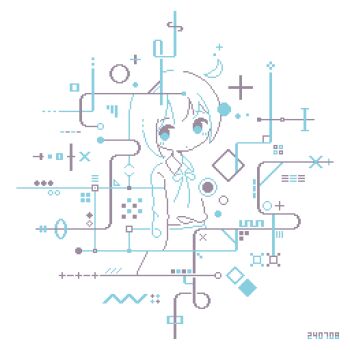 1girl abstract aqua_eyes bow bowtie circle closed_mouth colo_(frypan_soul) crescent dated geometry highres light_blush limited_palette long_hair long_sleeves looking_to_the_side math original pixel_art shirt simple_background solo square standing upper_body white_background