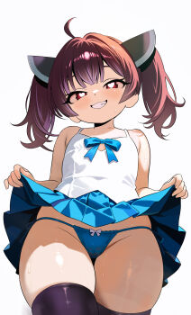 1girl ahoge akai_kuro bare_shoulders black_thighhighs blue_bow blue_panties blue_skirt blush bow bow_panties brown_hair clothes_lift collarbone crotch_seam flat_chest from_below grin headgear heart heart-shaped_pupils highres long_hair looking_at_viewer mesugaki panties red_eyes sharp_teeth shirt side-tie_panties skirt skirt_lift smile standing sweat symbol-shaped_pupils tank_top teeth thick_thighs thighhighs thighs touhoku_kiritan twintails underwear voiceroid white_background white_bow white_shirt
