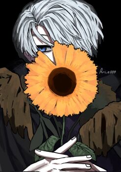 1boy blue_eyes character_request flower hair_over_one_eye highres holding holding_flower male_focus sateoadang090 short_hair solo sunflower white_hair