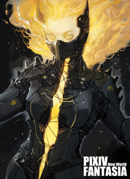 Rule 34 | 1girl, armor, blonde hair, energy, english text, et.m, female focus, floating, floating hair, glowing, glowing eyes, glowing hair, horns, mask, mechabare, mechanical, medium hair, pauldrons, pixiv fantasia, pixiv fantasia 1, pixiv fantasia new world, shoulder armor, solo, upper body, yellow eyes, yellow horns