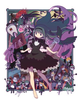 1girl akemi_homura akemi_homura_(black_dress) barefoot black_dress black_hairband black_ribbon clara_dolls_(madoka_magica) dress feathers frilled_dress frills gecchu hairband highres homulilly liese_(madoka_magica) lilia_vanrouge liliya_olenyeva looking_at_viewer lotte_(madoka_magica) luiselotte_(madoka_magica) mahou_shoujo_madoka_magica mahou_shoujo_madoka_magica_(anime) neck_ribbon purple_eyes ribbon standing standing_on_one_leg