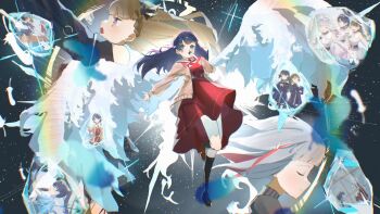 3girls ampere_(love_live!) blue_eyes blue_hair bob_cut brown_cardigan brown_dress brown_hair cardigan commentary dollchestra dream_believers dress grey_hair hajimari_no_haneoto hasu_no_sora_gym_uniform hasu_no_sora_school_uniform highres inverted_bob kachimachi_kosuzu link!_like!_love_live! long_hair long_sleeves love_live! medium_dress multiple_girls multiple_views murano_sayaka murano_sayaka_(figure_skating_dress) neckerchief open_cardigan open_clothes oversized_wings pink_eyes red_neckerchief sailor_collar sailor_dress school_uniform short_hair virtual_youtuber white_sailor_collar white_wings wings winter_uniform yugiri_tsuzuri yugiri_tsuzuri_(post-graduation) zen66574227