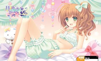 1girl :d absurdres bed bloomers blush bow bra breasts brown_hair cleavage curtains frilled_bra frills ginjou_haruko green_bra green_eyes hair_bow highres knees_up long_hair lying nishimata_aoi on_back open_mouth side_ponytail smile so stuffed_animal stuffed_cat stuffed_toy tsuki_ni_yorisou_otome_no_sahou_2 underwear