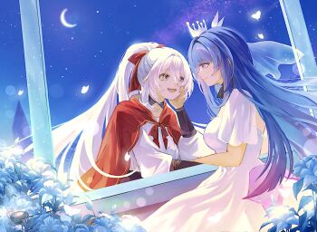 Rule 34 | 2girls, breasts, cloak, commentary, crescent, crown, dress, dutch angle, english commentary, flower, head rest, honkai (series), honkai impact 3rd, kiana kaslana, large breasts, long hair, looking at another, looking at viewer, mini crown, mofumanju, multiple girls, open mouth, ponytail, purple eyes, purple hair, raiden mei, red cloak, shirt, teeth, upper teeth only, white dress, white hair, white shirt