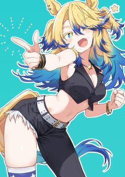 Rule 34 | 1girl, ;d, aqua background, blonde hair, blue hair, breasts, cleavage, commentary request, fang, highres, horse tail, long hair, looking at viewer, medium breasts, midriff, multicolored hair, navel, obey your master (umamusume), one eye closed, open mouth, partial commentary, single bare leg, skin fang, smile, solo, tail, thighs, totomono, two-tone hair, umamusume, umamusume: cinderella gray