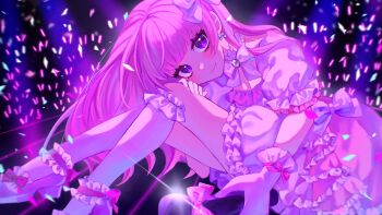 1girl blunt_bangs blush bow breasts character_request cleavage commentary_request copyright_request earrings eyelashes frilled_sleeves frills gloves highres holding holding_microphone jewelry kneehighs long_hair looking_at_viewer microphone pink_hair puffy_short_sleeves puffy_sleeves shoes short_sleeves sitting smile socks usagimarumei