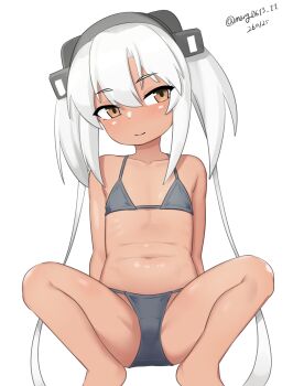 1girl absurdres aged_down bikini commentary_request dated feet_out_of_frame flat_chest grey_bikini headgear highres kantai_collection maru_(marg0613) musashi_(kancolle) one-hour_drawing_challenge simple_background sitting solo spread_legs swimsuit twintails twitter_username white_background white_hair yellow_eyes