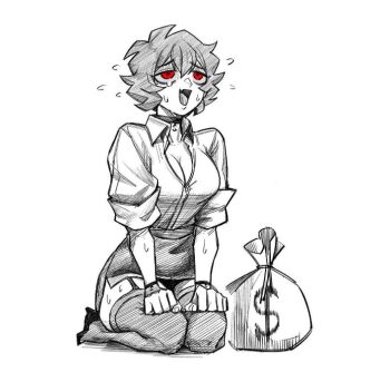 1girl bag breasts choker cleavage collared_shirt commentary dollar_sign double-parted_bangs english_commentary flying_sweatdrops full_body greyscale hair_between_eyes hands_on_own_legs kin_(senukin) large_breasts looking_up mole mole_under_eye money_bag monochrome open_mouth original raised_inner_eyebrows red_eyes seiza senukin shirt shoes short_hair simple_background sitting skirt sleeves_rolled_up smile solo spot_color sweat tearing_up thighhighs white_background