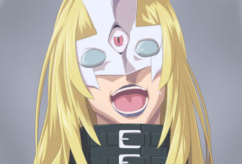 1girl beelstarmon blonde_hair digimon digimon_(creature) eye_mask grey_background gundam gundam_seed long_hair mask open_mouth purple_lips rau_le_creuset simple_background slit_pupils solo taira_(tairamon) teeth third_eye tongue upper_body