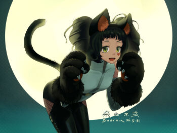 1girl :d ahoge animal_ear_fluff animal_ears animal_hands artist_name backlighting bare_shoulders black_gloves black_hair black_pants blue_background blue_sky breasts buernia cat_ears cat_tail clothing_cutout cowboy_shot dated detached_sleeves drill_hair facial_mark fake_animal_ears fang full_moon gloves green_eyes grey_sleeves hands_up heart heart_facial_mark highres huge_moon kanjira leaning_forward leotard looking_at_viewer medium_hair moon official_alternate_costume open_mouth pants paw_gloves reverse:1999 signature sky small_breasts smile solo tail thigh_cutout twin_drills white_leotard
