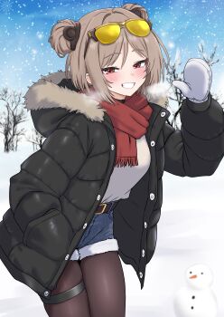 1girl absurdres belt black_jacket blue_shorts brown_hair brown_pantyhose commission cowboy_shot denim denim_shorts double_bun down_jacket eyewear_on_head fur_trim girls'_frontline grin hair_bun hand_in_pocket highres jacket looking_at_viewer medium_hair mittens oldsickkim open_clothes open_jacket p90_(girls'_frontline) pantyhose pixiv_commission red_eyes red_scarf scarf shirt short_shorts shorts smile snowing solo sunglasses thigh_strap white_shirt winter