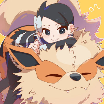 Rule 34 | 1girl, arcanine, black dress, black hair, black pantyhose, blush, bow, closed mouth, commentary request, dress, eyelashes, gen 1 pokemon, grey bow, grey eyes, hair bow, happy, highres, long sleeves, marley (pokemon), nintendo, omochi (omotimotittona3), pantyhose, pokemon, pokemon (creature), pokemon dppt, short hair, smile, split mouth, yellow background