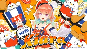 Rule 34 | > <, 1girl, :d, absurdres, beret, breasts, buttons, character name, chef hat, chicken (food), commentary request, company name, copyright notice, cropped vest, detached sleeves, double-breasted, earrings, feather earrings, feathers, food, fried chicken, gradient hair, green hair, hat, highres, hololive, hololive dreams, hololive english, jewelry, kfp, kfp employee (takanashi kiara), long hair, long sleeves, looking at viewer, mini hat, multicolored hair, multiple hats, navel, official art, one eye closed, open mouth, orange hair, outline, purple eyes, red hat, ribbed sleeves, shirt, sleeveless, sleeveless shirt, sleeves past wrists, smile, solo, star (symbol), stomach, takanashi kiara, takanashi kiara (1st costume), tongue, vest, virtual youtuber, white hat, white shirt, white sleeves