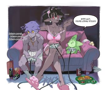 ... 1boy 1girl a&amp;w absurdres breasts brown_hair can cleavage closed_mouth collarbone controller couch creature cross dark-skinned_female dark_skin earrings english_text food game_controller hand_up highres holding holding_controller holding_game_controller jewelry large_breasts latin_cross linesharkart looking_ahead looking_at_another monster_energy nintendo_64_controller original plate pointy_ears purple_hair red_eyes sitting slippers socks speech_bubble toned toned_male topless_male v-shaped_eyebrows white_socks yellow_eyes