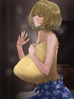 1girl absurdres blouse blue_skirt blurry blurry_background breasts brown_hair closed_eyes eyelashes floral_print floral_print_skirt highres huge_breasts idolmaster idolmaster_cinderella_girls jewelry lips necklace print_skirt sagging_breasts shirt short_hair skirt sleeveless sleeveless_shirt solo steaming_body sweat takagaki_kaede torishu_(kumataka_4867) yellow_shirt