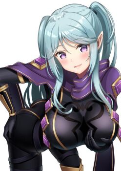 1girl blush breasts elf epsilon_(kagejitsu) holding_by_breast kage_no_jitsuryokusha_ni_naritakute! large_breasts long_hair looking_at_viewer nagisilon open_mouth pointy_ears purple_eyes simple_background solo twintails white_background