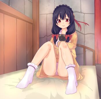 1girl absurdres alternate_costume animal animal_hug artist_name black_cat black_hair blush bow braid cat chomusuke closed_mouth colored_sclera commentary_request crown_braid downturned_eyes frilled_sleeves frills full_body hair_between_eyes hair_bow highres indoors knees_up kono_subarashii_sekai_ni_shukufuku_wo! long_hair long_sleeves looking_at_animal looking_down low-tied_long_hair no_shoes on_bed open_mouth pajamas panties pink_panties red_bow red_eyes sidelocks sitting smile socks solo tareme thighs triangle_mouth underwear user_htzn2883 white_socks yellow_pajamas yellow_sclera yunyun_(konosuba)