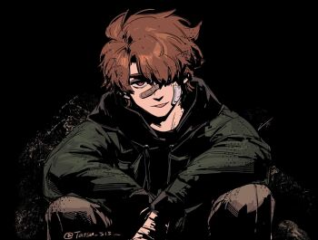 Rule 34 | 1boy, :p, bandaged hand, bandages, bandaid, bandaid on face, bandaid on nose, black background, black hoodie, brown eyes, brown hair, commentary, english commentary, gauze, gauze on cheek, grey pants, highres, hood, hoodie, long sleeves, male focus, original, pants, parted hair, short hair, simple background, sitting, solo, tatsu (tatsumccree), tongue, tongue out, twitter username