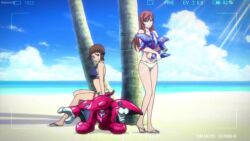 1boy 2girls animated ass bare_shoulders beach bikini bikini_skirt blue_bikini blue_eyes blue_hair blush breasts brown_hair cleavage collarbone covering_privates covering_breasts funaki_satomi green_eyes gundam gundam_build_fighters gundam_build_fighters_try gundam_build_fighters_try_island_wars gunpla hand_on_own_cheek hand_on_own_face hawaiian_shirt highres kamiki_mirai legs looking_at_viewer lying medium_breasts model model_kit multiple_girls open_mouth pink_bikini red_eyes sandals shirt sideboob smile swimsuit tagme thighs video white_bikini