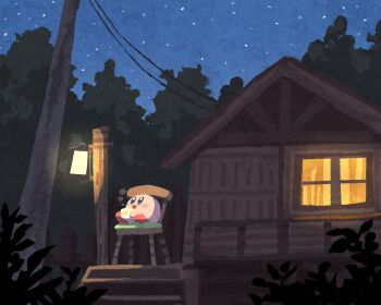 Rule 34 | :d, blue eyes, blush stickers, chair, commentary, cup, holding, holding cup, house, kirby, kirby (series), lamppost, miclot, night, nintendo, no humans, open mouth, original, outdoors, power lines, sky, smile, solo, star (sky), starry sky, symbol-only commentary, tree, utility pole