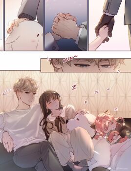 Rule 34 | 1boy, absurdres, anya (spy x family), black hair, blonde hair, blue eyes, blush, bond (spy x family), breasts, couple, earrings, gold earrings, hetero, highres, husband and wife, ideksams, jewelry, large breasts, long hair, long sleeves, open mouth, shirt, short hair, sidelocks, sleepwear, smile, spy x family, step-parent and step-child, teeth, twilight (spy x family), yor briar