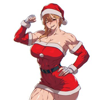 1girl bandaged_wrist bandages bare_shoulders belt biting black_belt blonde_hair breasts brown_eyes candy candy_cane christmas cleavage collarbone commentary covered_abs dress english_commentary food hand_on_own_hip hand_up hat highres large_breasts medium_hair muscular muscular_female one_eye_closed original red_dress red_sleeves santa_costume santa_dress santa_hat sleeveless sleeveless_dress spoiledmuffin thick_thighs thighs white_background
