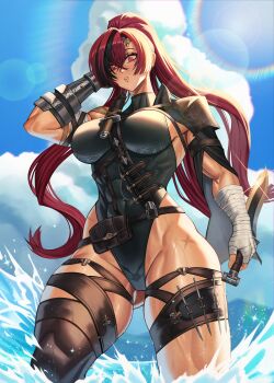1girl abs absurdres bandaged_arm bandages belt_pouch black_hair black_leotard breasts covered_abs covered_navel dagger granblue_fantasy groin highres holding holding_dagger holding_knife holding_weapon holster knife large_breasts leotard long_hair looking_at_viewer looking_down meg_(granblue_fantasy) multicolored_hair muscular muscular_female parted_lips ponytail pouch red_eyes red_hair scar scar_across_eye scar_on_face shoulder_guard solo squigglesfc streaked_hair thigh_holster thighs weapon