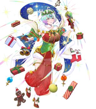 1girl ahoge attack blue_hair breasts crystal fire_emblem fire_emblem_heroes gloves green_eyes highres holding holding_wand large_breasts mistletoe mistletoe_hair_ornament nintendo non-web_source official_alternate_costume official_art parted_lips red_gloves see-through_clothes seidr_(fire_emblem) seidr_(winter)_(fire_emblem) shawl short_hair smile solo sparkle star_(symbol) star_print wand