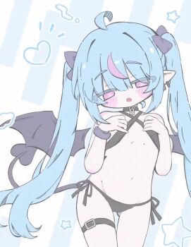 1girl :o ahoge animated bare_shoulders bat_wings belt bikini black_bikini black_bow black_collar black_wings blinking blue_hair bow bracelet collar colored_eyelashes cowboy_shot demon_girl demon_tail detached_wings earrings fang flat_chest gluteal_fold hair_bow hands_up heart izumi_(yura_izumi) jewelry loli long_hair multicolored_hair multiple_earrings multiple_hair_bows navel open_mouth original pink_eyes pink_streaks pointy_ears pretzel_bikini side-tie_bikini_bottom sidelocks solo star_(symbol) stomach streaked_hair swimsuit symbol-shaped_pupils tagme tail thigh_belt thigh_strap twintails two-tone_hair very_long_hair video wings x-shaped_pupils