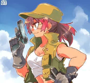 Rule 34 | 1girl, blue sky, breasts, brown eyes, brown hair, cleavage, closed mouth, cloud, cloudy sky, commentary request, field cap, fio germi, from side, glasses, gloves, green hat, green vest, grey gloves, gun, handgun, hat, highres, holding, holding gun, holding weapon, medium breasts, metal slug, midriff, navel, open clothes, open vest, pirate yuri, profile, rimless eyewear, round eyewear, sky, solo, trigger discipline, upper body, vest, weapon