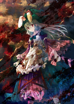 1girl animal_ears apron bad_id bad_pixiv_id baseball_bat blood blood_on_clothes bow bowtie dress female_focus frilled_apron frilled_skirt frilled_sleeves frills hat irisu_kyouko irisu_shoukougun! long_hair long_sleeves looking_back nail_(hardware) nail_bat pantyhose patch purple_dress rabbit_ears red_eyes silver_hair skirt solo striped_clothes striped_legwear striped_pantyhose unworn_legwear witch_hat yakka