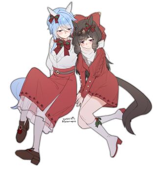 Rule 34 | 2girls, animal ears, blue eyes, blue hair, blush, boots, bow, braid, breasts, brown hair, closed mouth, commentary request, daiichi ruby (umamusume), dress, drill hair, drill sidelocks, ear bow, ear covers, hair between eyes, hair bow, hair ornament, highres, holly, holly hair ornament, horse ears, horse girl, horse tail, k.s.miracle (umamusume), long hair, long sleeves, multiple girls, pantyhose, purple eyes, red bow, red dress, red skirt, saramiao-chan, scarf, shirt, shoes, short hair, sidelocks, simple background, skirt, smile, tail, twin drills, umamusume, white boots, white pantyhose, white scarf, white shirt