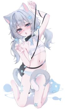 Rule 34 | 1girl, absurdres, animal ears, bandaid, bare shoulders, black choker, blue eyes, blush, bow, bra strap, breasts, cat-shaped pillow, cat ears, cat girl, cat hair ornament, cat tail, chedisu, choker, collar, commentary request, fish, grey hair, hair between eyes, hair ornament, hairclip, hennyano (nachoneko), highres, indie virtual youtuber, kneeling, long hair, looking at viewer, nachoneko, navel, open mouth, panties, paw pose, paw print, ribbon, shirt, simple background, small breasts, solo, striped clothes, striped panties, tail, thighs, twintails, underwear, vest, virtual youtuber, white background