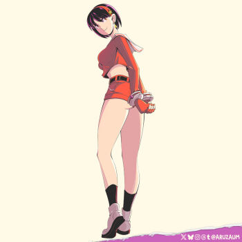 1girl aru_barros aruzaum asamiya_athena ass athena_asamiya breasts brown_eyes female_focus from_behind gloves hairband huge_ass huge_breasts jacket large_breasts long_sleeves looking_back pale_skin pants purple_hair shoes short_hair shorts smile smiley_face socks standing star_(symbol) the_king_of_fighters thick_thighs thighs