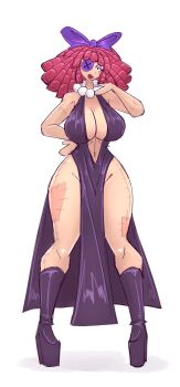 1girl black_dress boots breasts button_eye cleavage dress glitch_productions gooseworx high_heel_boots high_heels huge_breasts open_clothes open_dress platform_boots platform_heels ragatha_(the_amazing_digital_circus) red_hair the_amazing_digital_circus thick_thighs thighs