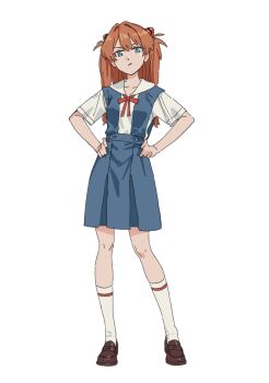 1girl :/ blue_eyes breasts brown_hair full_body h4sh1rnoto hands_on_own_hips highres looking_at_viewer neon_genesis_evangelion school_uniform skirt solo souryuu_asuka_langley standing suspender_skirt suspenders tokyo-3_middle_school_uniform white_background wide_hips