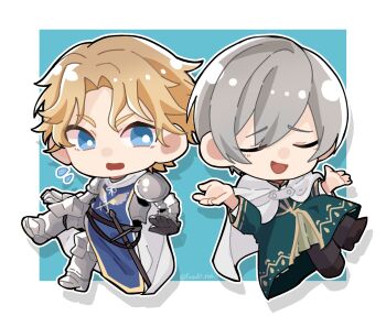 Rule 34 | 2boys, armor, arms up, black pants, black shoes, blonde hair, blue eyes, blue tabard, border, cape, chibi, chibi only, closed eyes, commentary request, crick (octopath traveler), double-parted bangs, flying sweatdrops, full body, fuzuki (fuzuki rua), gauntlets, greaves, grey hair, hair between eyes, highres, knight, layered sleeves, long sleeves, looking at another, looking to the side, male focus, multiple boys, octopath traveler, octopath traveler ii, open mouth, pants, parted hair, pauldrons, robe, shoes, short hair, shoulder armor, shrugging, sideways glance, smile, sword, tabard, temenos mistral, twitter username, weapon, white border, white cape