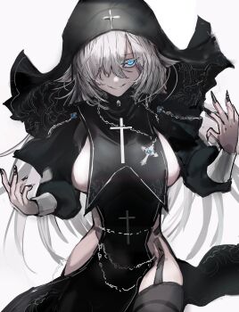 Rule 34 | 1girl, absurdres, black dress, black thighhighs, breasts, chain, chain necklace, character request, chuhaibane, commission, copyright request, cross, cross necklace, dress, fingernails, garter straps, hair over one eye, highres, jewelry, looking at viewer, necklace, nun, pelvic curtain, sharp fingernails, skeb commission, solo, thighhighs, veil, white background, white hair