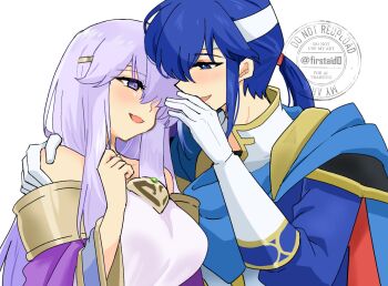 1boy 1girl armor bare_shoulders blue_cape blue_eyes blue_hair blush breasts brother_and_sister cape circlet dress fire_emblem fire_emblem:_genealogy_of_the_holy_war gloves hand_on_another&#039;s_shoulder headband julia_(fire_emblem) long_hair medium_breasts nintendo ponytail purple_eyes purple_hair seliph_(fire_emblem) siblings simple_background upper_body white_gloves white_headband yukia_(firstaid0)