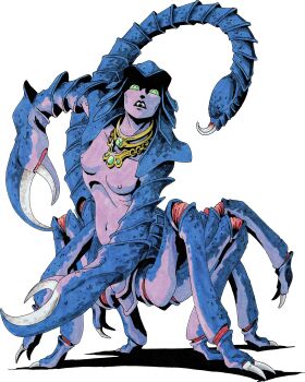 1girl absurdres arthropod_girl breasts carapace colored_sclera colored_skin demon_(megami_tensei) fangs frown gem green_eyes green_gem green_sclera highres jewelry kazuma_kaneko monster_girl navel necklace nipples official_art open_mouth pincers purple_skin scan scorpion_girl scorpion_tail selket_(megami_tensei) shin_megami_tensei shin_megami_tensei_ii simple_background solo tail taur third-party_source transparent_background