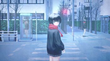 absurdres aqua_eyes black_hair black_jacket city commentary_request highres holding jacket long_sleeves looking_at_viewer official_art original outdoors phone_booth puffy_sleeves red_scarf scarf scenery short_hair skirt tokaki traffic_light tree