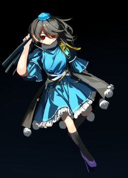 1girl arm_up black_background black_hair black_socks blue_dress blue_hat dress full_body geta hat highres holding holding_tripod iizunamaru_megumu kneehighs long_hair looking_at_viewer pom_pom_(clothes) purple_shoes red_eyes shoes short_sleeves shoulder_guard socks solo suna_(s73d) tengu-geta tokin_hat touhou tripod