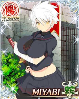 1girl bike_shorts black_necktie black_sailor_collar black_shirt black_skirt border breasts card_(medium) character_name closed_mouth cropped_shirt game_cg hand_on_weapon hebijo_academy_school_uniform holding holding_sheath large_breasts looking_at_viewer midriff miyabi_(senran_kagura) necktie official_art pleated_skirt sailor_collar school_uniform senran_kagura senran_kagura_new_wave sheath shirt short_hair skirt slit_pupils solo third-party_source white_hair yellow_eyes
