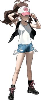 Rule 34 | 1girl, 987645321o, baseball cap, black boots, black socks, black vest, blue eyes, boots, breasts, brown hair, closed mouth, collarbone, cutoffs, denim, denim shorts, exposed pocket, full body, hashtag-only commentary, hat, high ponytail, highres, hilda (pokemon), long hair, looking at viewer, nintendo, open clothes, open vest, pokemon, pokemon bw, ponytail, shirt, shorts, sidelocks, simple background, small breasts, socks, solo, vest, white background, white shirt, wristband