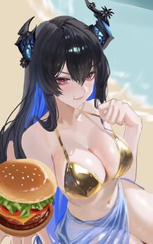 1girl asymmetrical_horns bikini black_hair black_horns blue_hair breasts burger colored_inner_hair demon_horns food gold_bikini highres hololive hololive_english horns large_breasts long_hair multicolored_hair navel nerissa_ravencroft stomach sunekka swimsuit uneven_horns virtual_youtuber