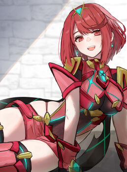 1girl absurdres amausa_subee arm_support backless_outfit blurry blurry_background blush bob_cut breasts brick_wall chest_jewel commentary_request core_crystal_(xenoblade) earrings floating_earrings gem headpiece highres impossible_clothes jewelry large_breasts looking_at_viewer open_mouth pyra_(xenoblade) red_eyes red_hair red_shorts revision short_hair short_shorts short_sleeves shorts sitting skindentation smile solo swept_bangs teeth thick_thighs thighs tiara upper_teeth_only xenoblade_chronicles_(series) xenoblade_chronicles_2 yokozuwari